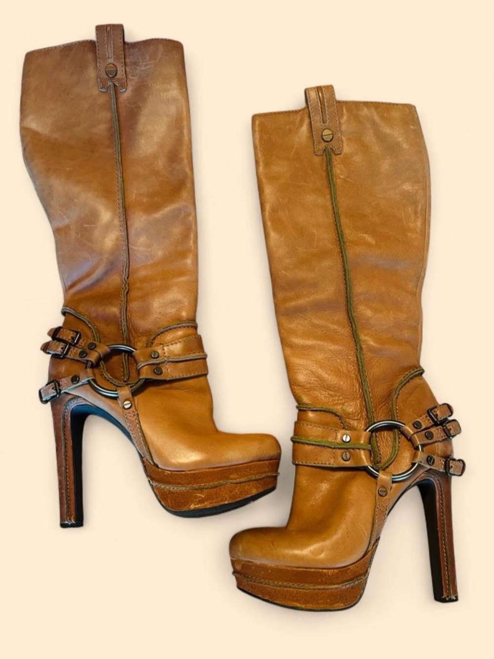 Jessica Simpson tan leather harness platform boots
